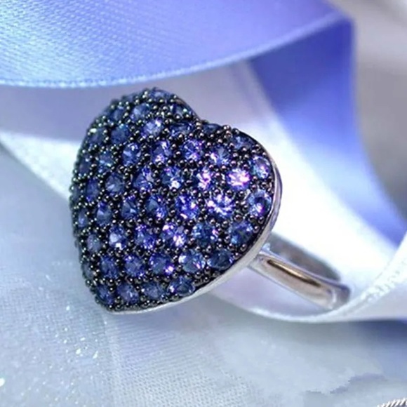 New Women’s 925 Silver Big Heart Royal Blue Ring - Picture 3 of 5
